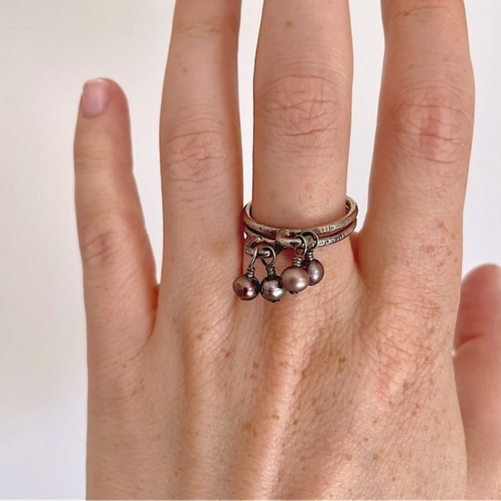 Handmade Sterling Silver Stacked Rings with Dangling Purple Baby Pearls Size 7.5